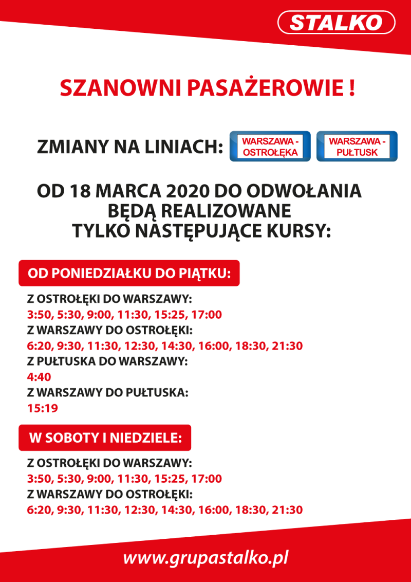 ogłoszenie o kursowaniu na trasie Warszawa - Ostrołęka